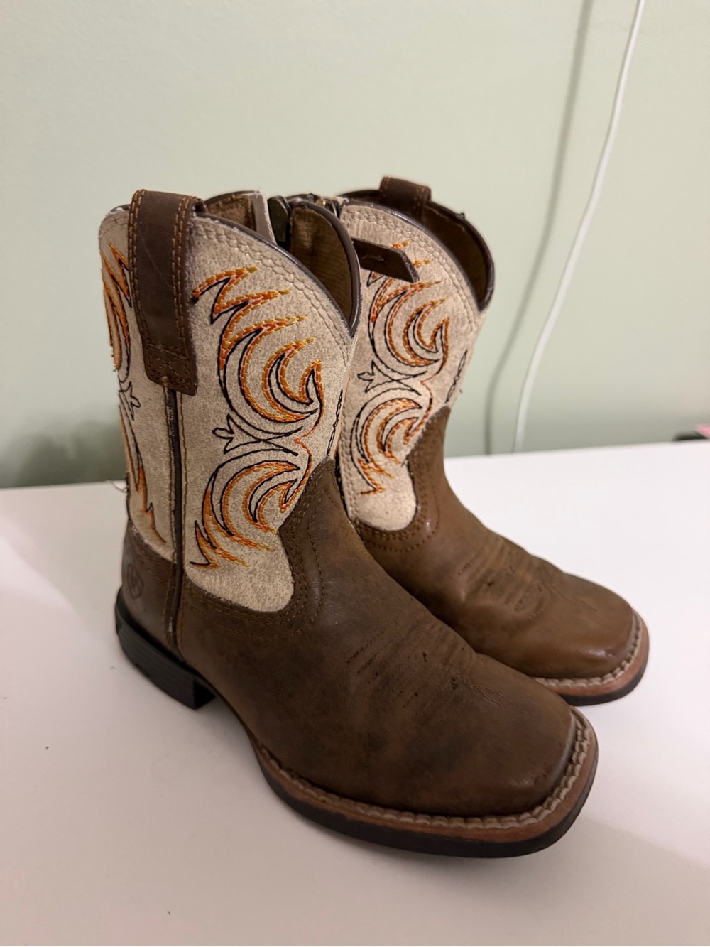 Ariat Brown and Cream Western Kids Boots with Orange Embroidery